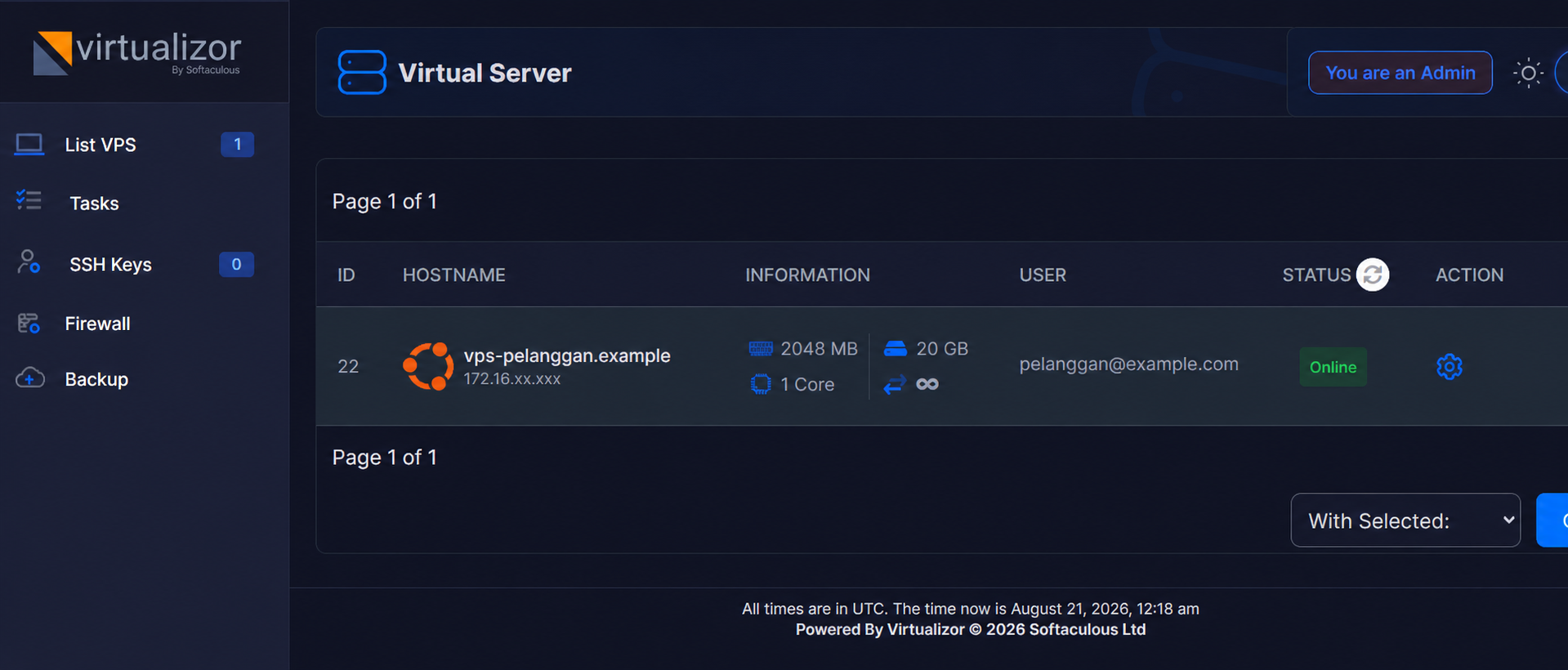 Contoh panel pengelolaan VPS pelanggan