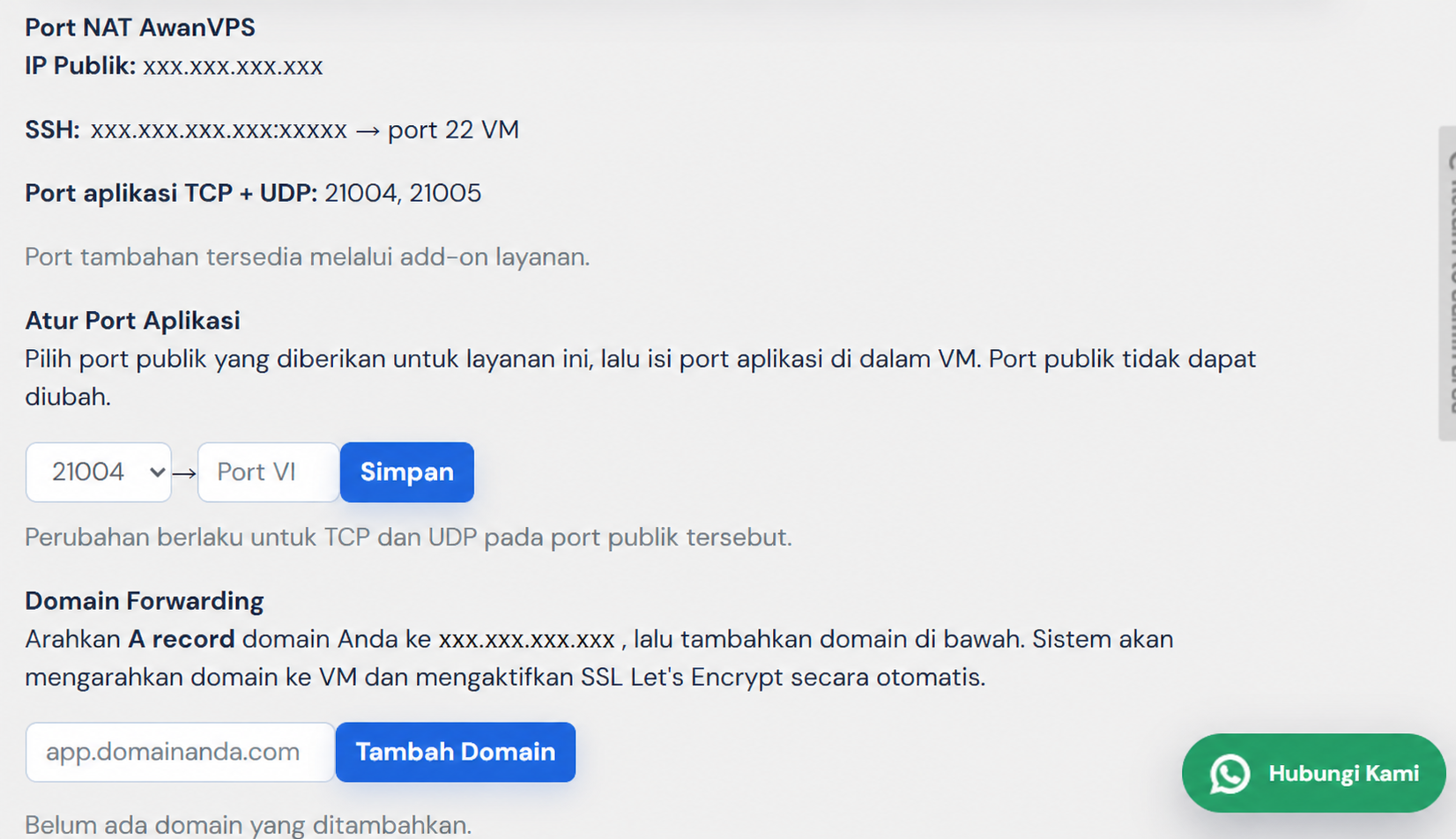 Contoh pengaturan Port NAT dan Domain Forwarding di Client Area AwanVPS